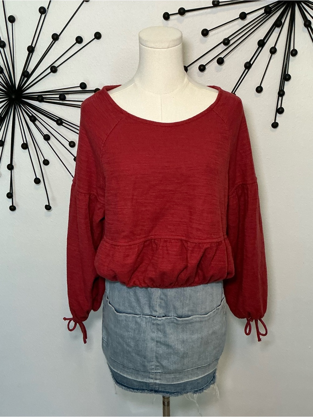 Aerie Red Balloon Sleeve Peplum Top Size Small